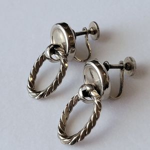 Vintage Door Knocker Screw Back Earrings Silver Tone Twisted Rope